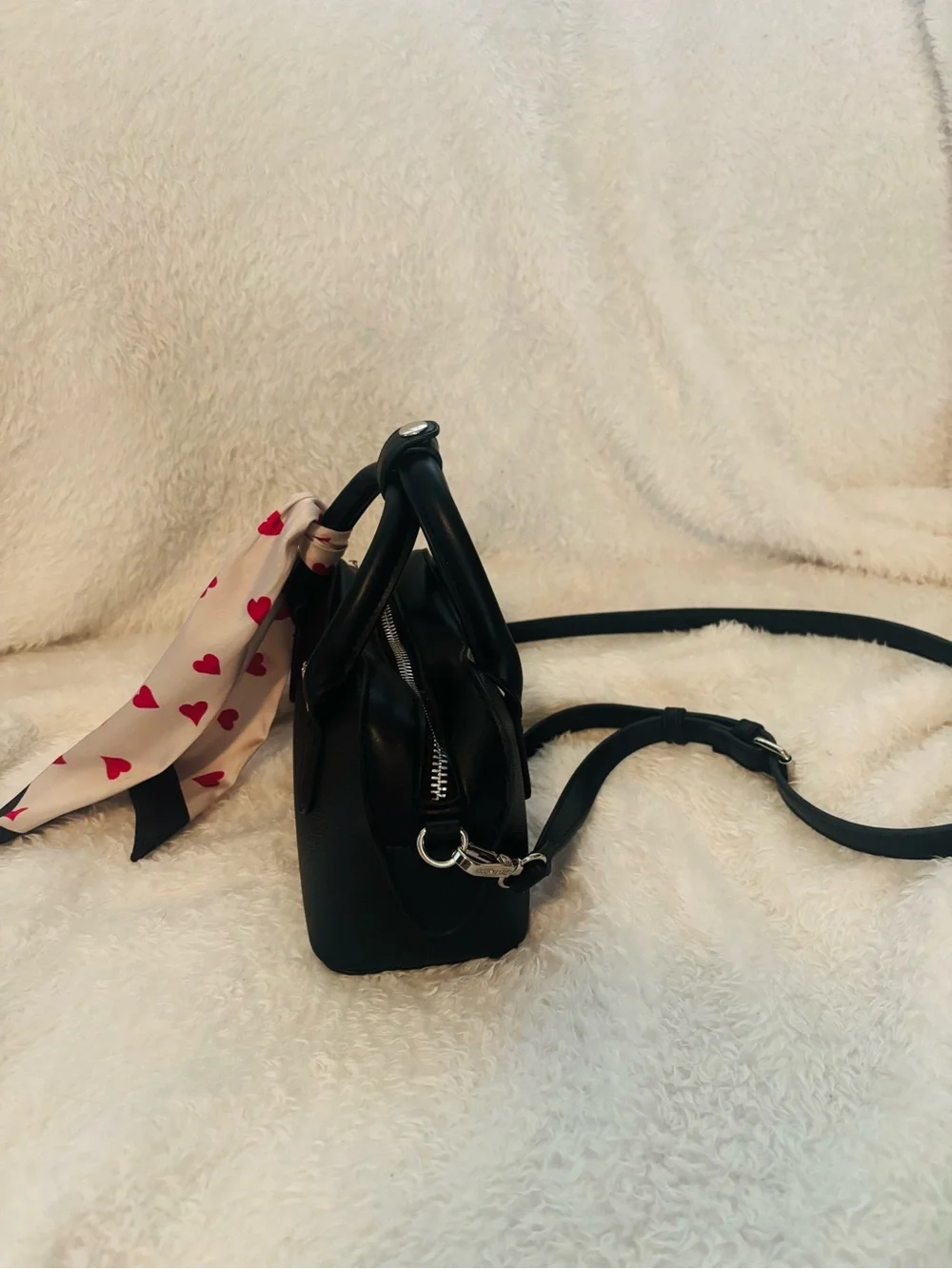 Steve Madden Black Crossbody with Heart-Print Scarf Accent